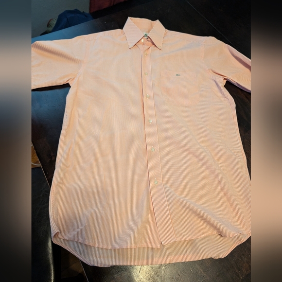 Lacoste Other - Lacoste Mens M Short Sleeve Button Down, Orange/White Stripe